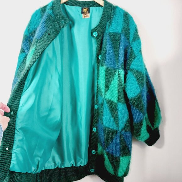 Mohair Label Irish Mohair & Wool Geo Print Cardigan, Greens & Peacock Blue ? Med - Picture 5 of 16